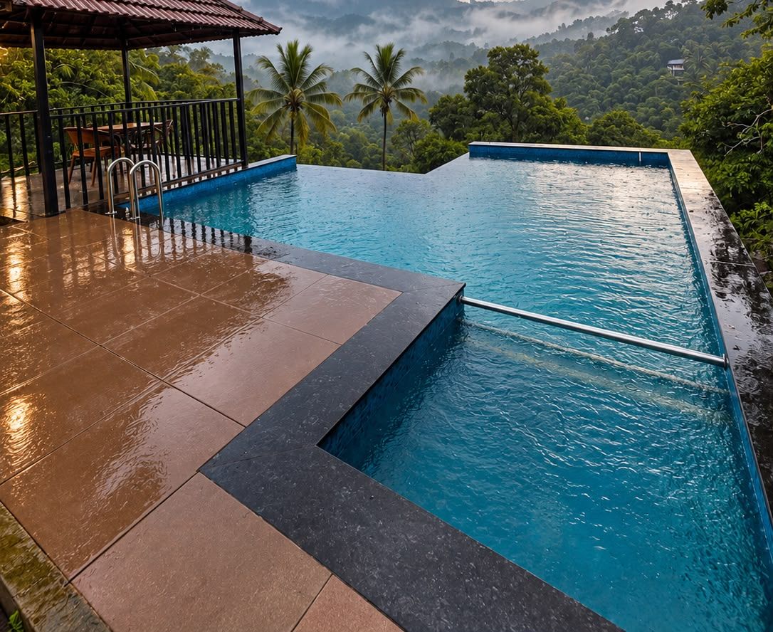 Private infinity pool at Croods villa in Wayanad with hill views