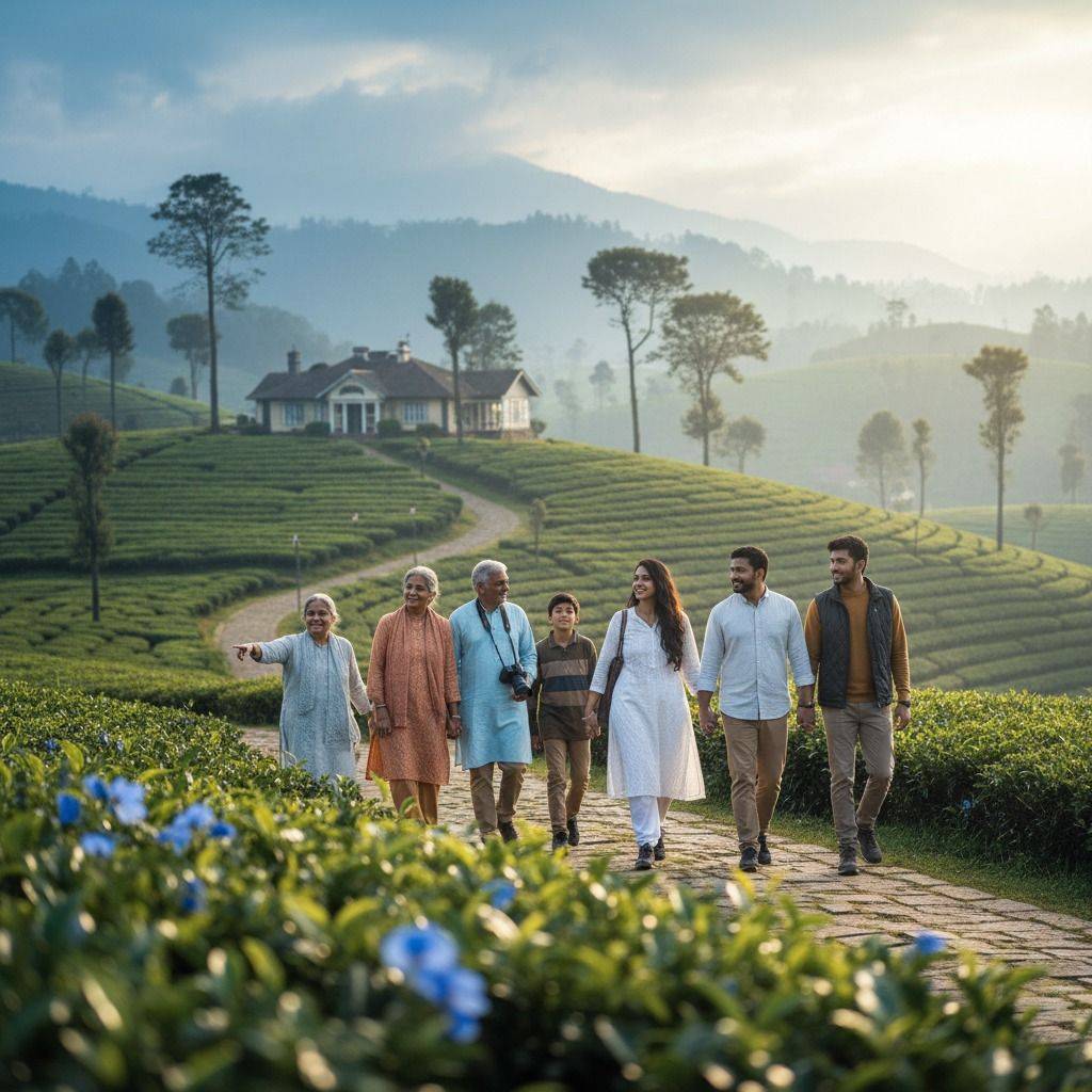 Family walking through a tea estate in Wayanad on a holiday