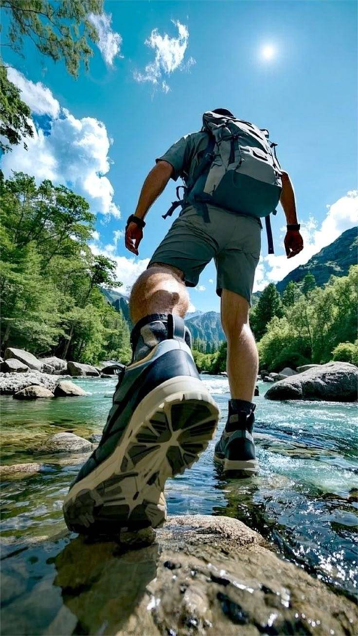 Trekker crossing a stream on a Wayanad trail